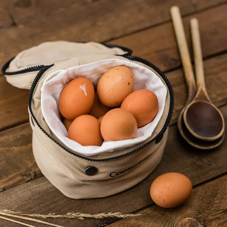 Brown eggs in a fabric bag beside wooden spoons