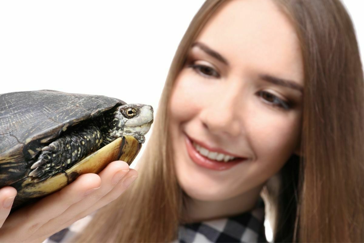 woman with pet turtle on hand